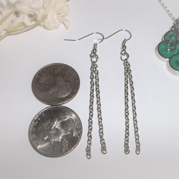 Teal Green and Silver Long Necklace and Chain Earrings Jewelry Set Tassel A596 - Picture 4 of 7